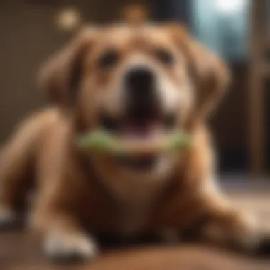 A joyful dog chewing on a dental chew toy.