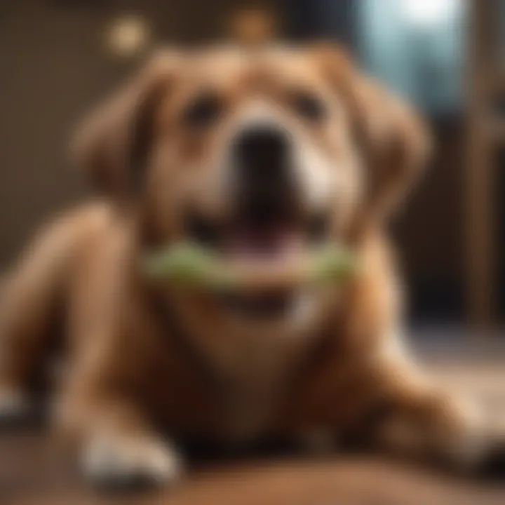 A joyful dog chewing on a dental chew toy.