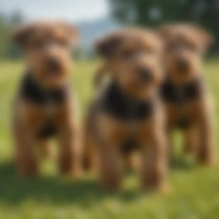 Close-up of Airedale Terrier puppies playing in a sunlit meadow