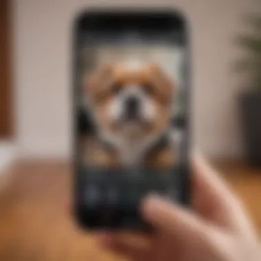 A pet owner's hand interacting with a smartphone app connected to a Chewy pet camera.