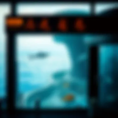 A scenic view of an aquarium's exterior with ocean backdrop