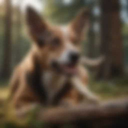 A dog happily chewing on an antler bone, showcasing its natural chewing behavior.