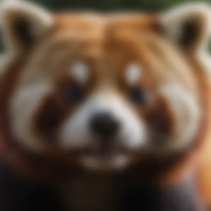 A close-up of a red panda's face, highlighting its striking features and expressive eyes