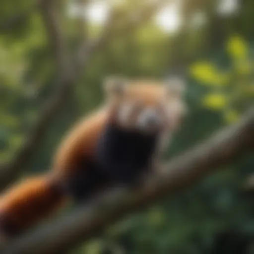 A red panda perched on a tree branch, showcasing its distinctive fur and bushy tail