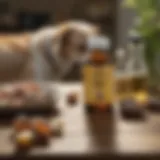 A variety of fish oil supplements for dogs displayed on a table