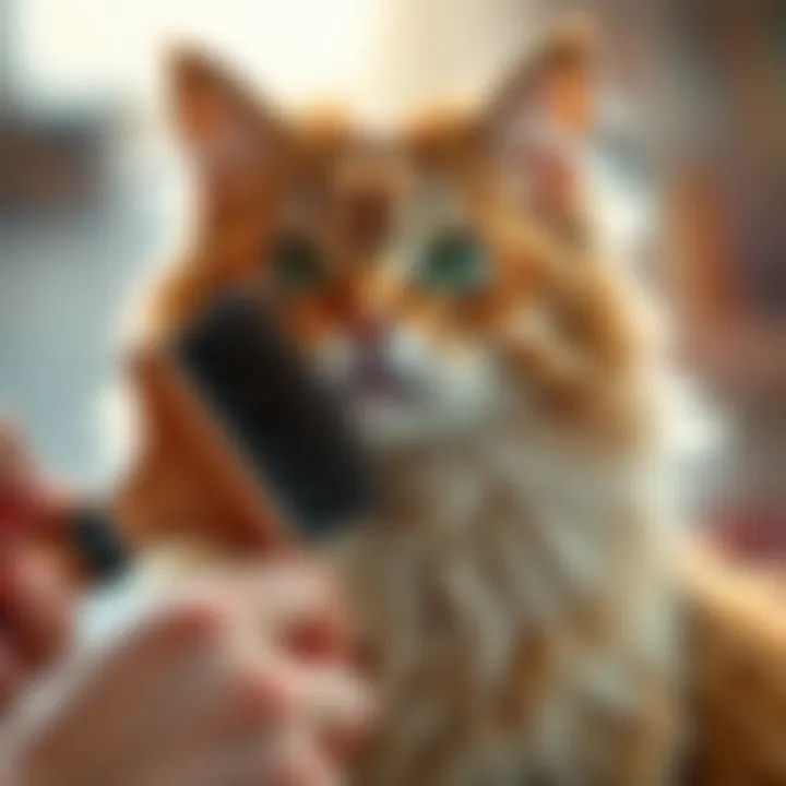 A fluffy cat being groomed with a brush