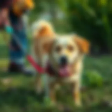 Pet owner applying clover killer with caution