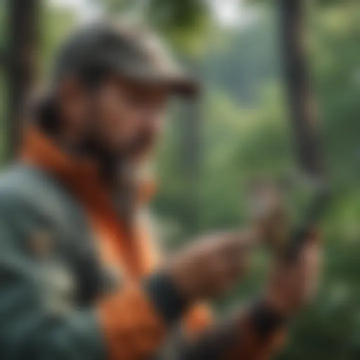 Imaginative depiction of a birdwatcher using the Audubon Bird Identification App on a tablet device against a backdrop of diverse bird species