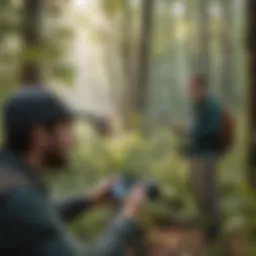 Illustration of a diverse group of bird enthusiasts using the Audubon Bird Identification App in a lush forest setting