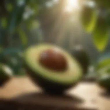 Avocado fruits growing under sun's rays