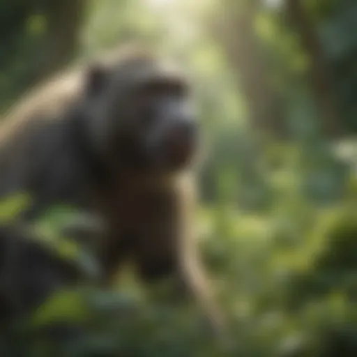 Baboon foraging in lush greenery