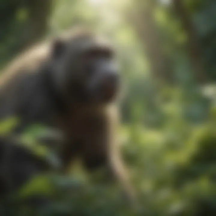 Baboon foraging in lush greenery