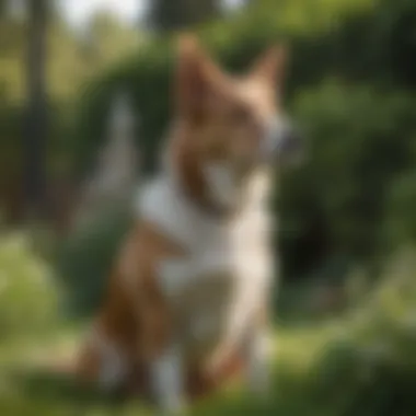 Elegance and Charm in a Female Canine An elegant female dog sitting gracefully in a garden, embodying sophistication and charm