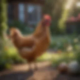 A friendly hen resting in a garden