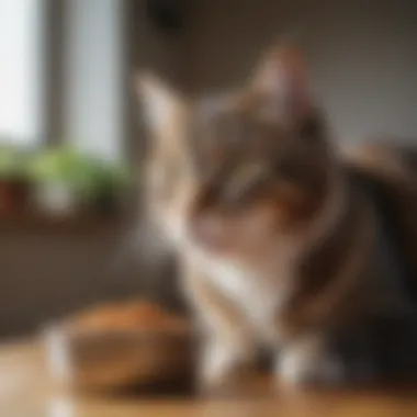 Happy indoor cat enjoying a bowl of dry food