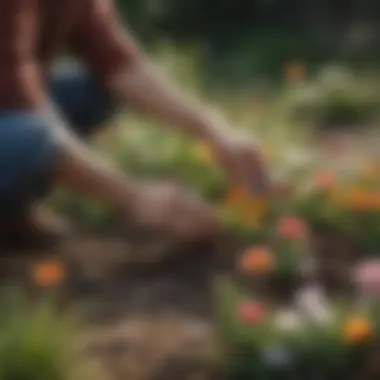 A gardener tending to a flower bed with seed packets