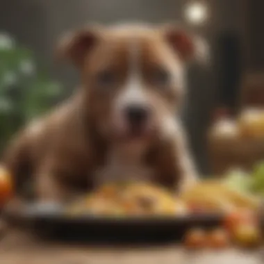 Pitbull puppy with a variety of healthy food options