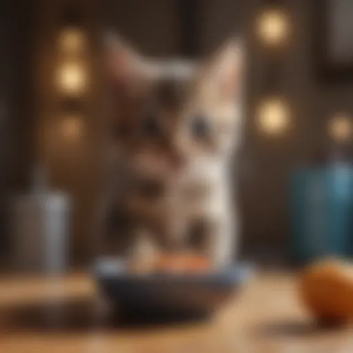Close-up of kitten enjoying a meal from a stylish bowl, showcasing healthy food options.