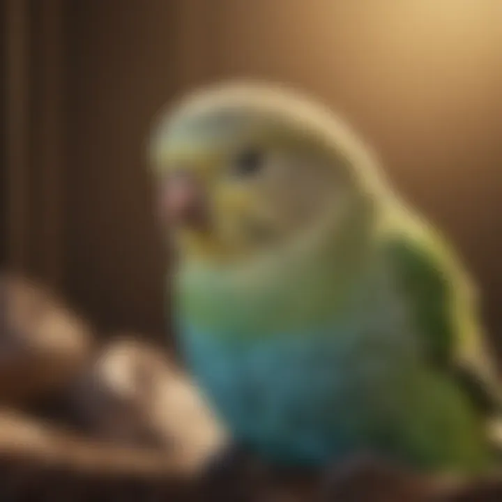 A calm budgerigar in a cozy cage