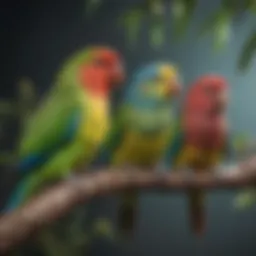 Colorful parakeets perched on a branch