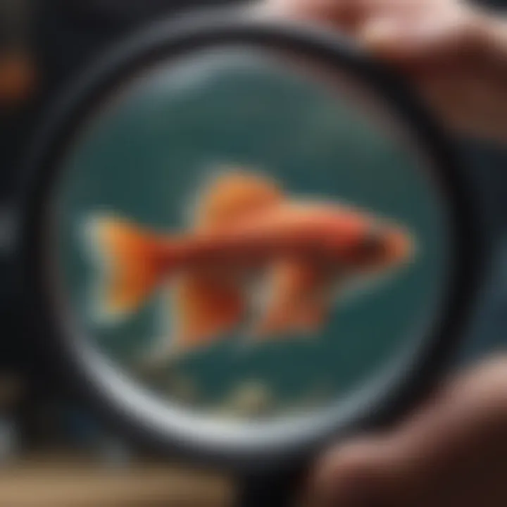 Beta fish examined under a magnifying glass for health check