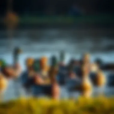 A diverse group of migratory waterfowl on a serene pond