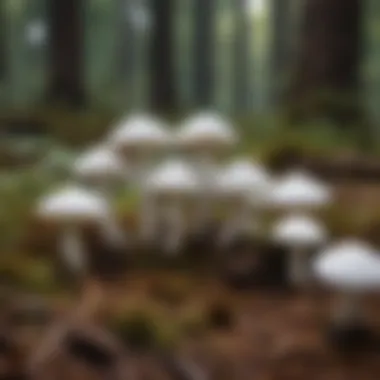 A cluster of white mushrooms growing on forest floor