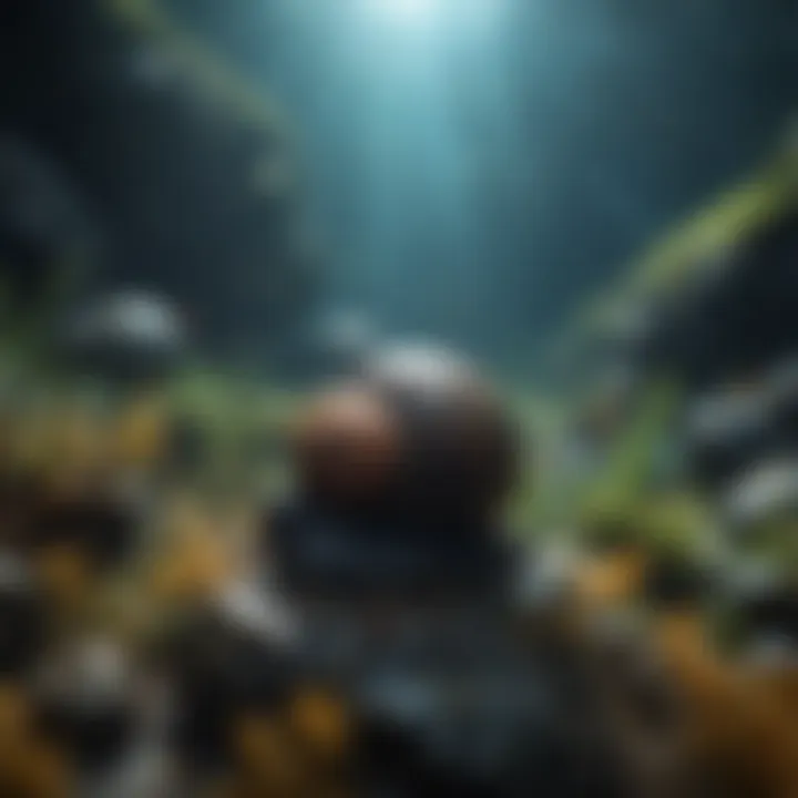 Black Nerite Snail exploring a rocky underwater terrain