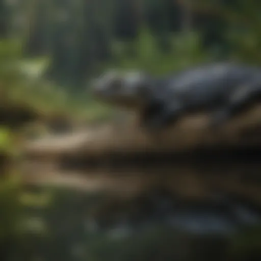 A blackwater reptile basking on a submerged log in its natural habitat.