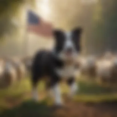 Border Collie herding sheep with American flag in background