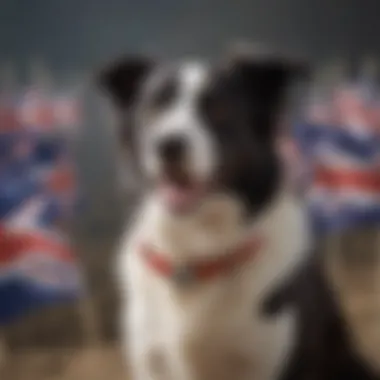 Border Collie with various international flags