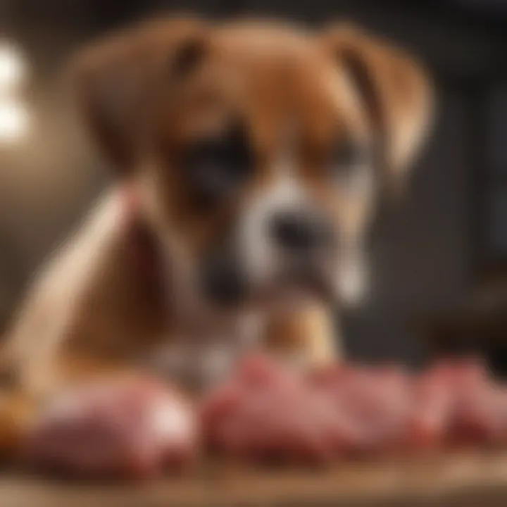 Boxer puppy eating nutritious meat