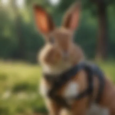 A rabbit happily exploring outdoors in a harness.