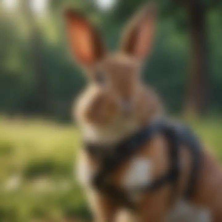 A rabbit happily exploring outdoors in a harness.