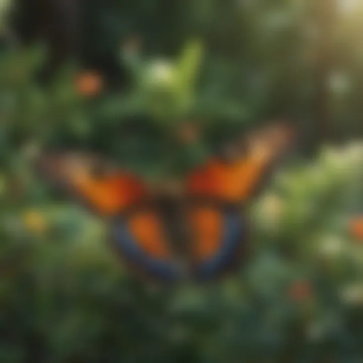 Colorful butterflies on vibrant evergreen shrub