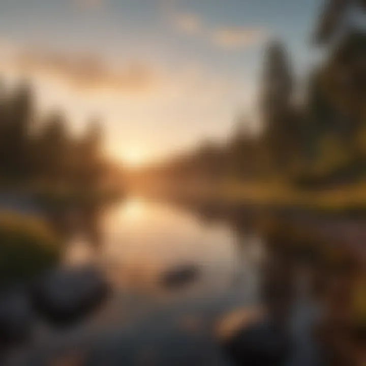 Sunset over a serene river near a campsite