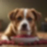 A cute dog sniffing a bowl of fresh cranberries