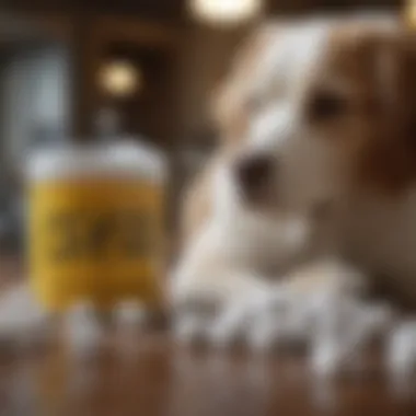 Dog with sugar cubes and caution sign