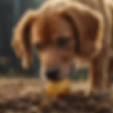 A playful dog sniffing a piece of ginger root