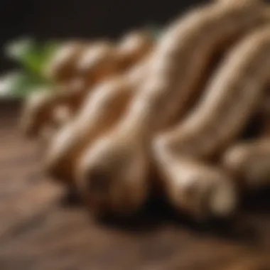 Close-up of fresh ginger root on a wooden surface