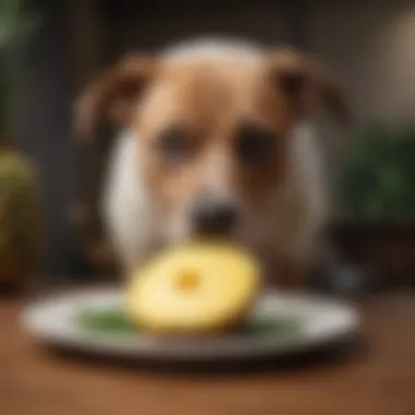 A curious dog sniffing a piece of pineapple on a plate