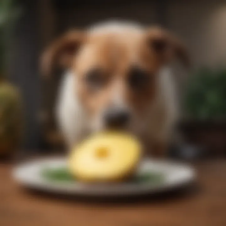 A curious dog sniffing a piece of pineapple on a plate