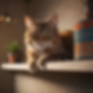 Cat relaxing on a carpeted cat shelf in a cozy corner