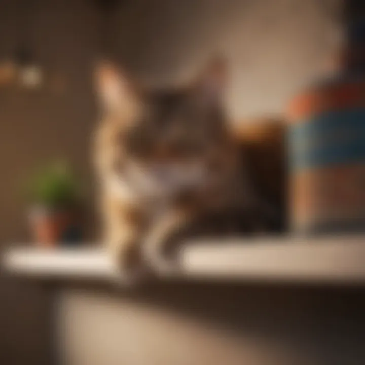 Cat relaxing on a carpeted cat shelf in a cozy corner