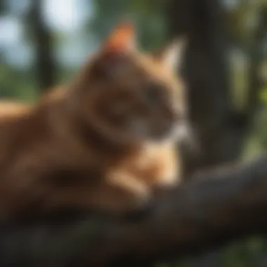 Sleek cat silhouette resting on a tree branch