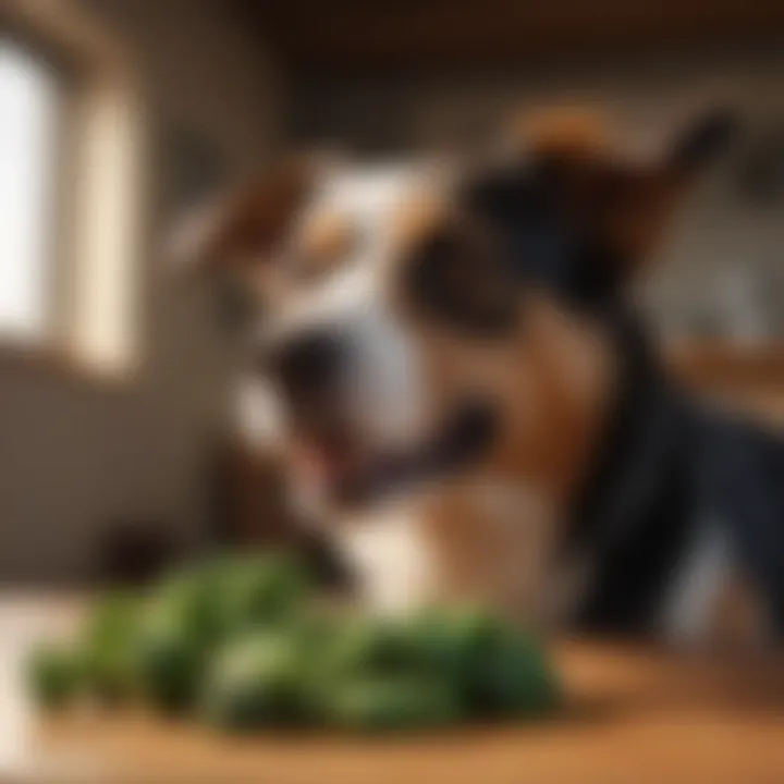 Dog eating broccoli cautiously