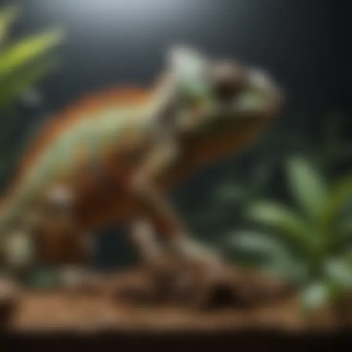 Chameleon basking under a UVB light in its terrarium