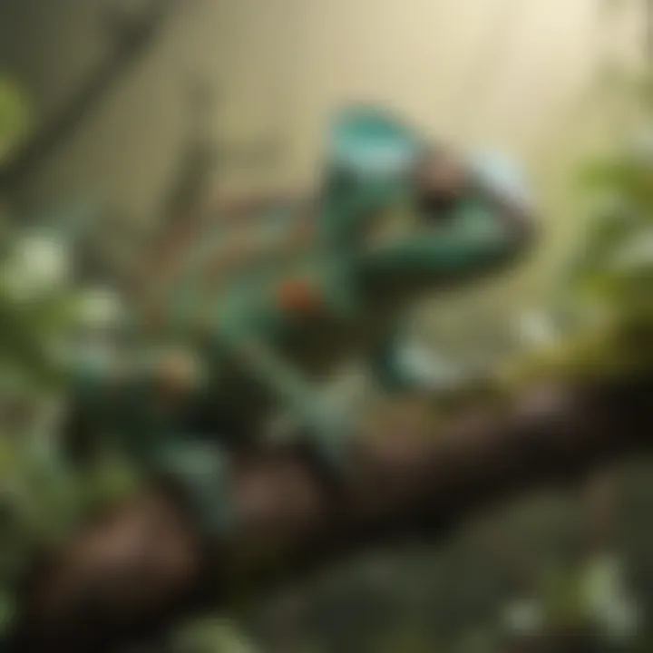 Chameleon camouflaged on a branch in a terrarium