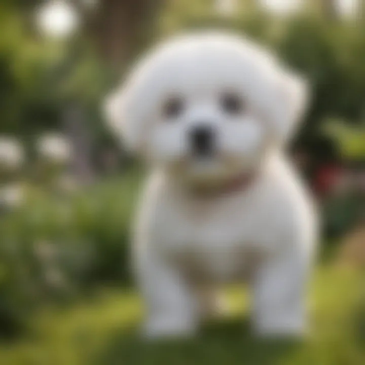 Fluffy Bichon Frise puppy playing in the garden