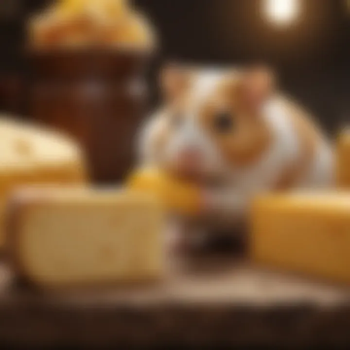 Hamster nibbling on a small portion of cheese